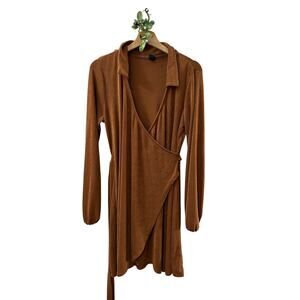 WILD FABLE Camel Long Sleeve Faux Wrap Belted Dress Draped Longline SIZE LARGE